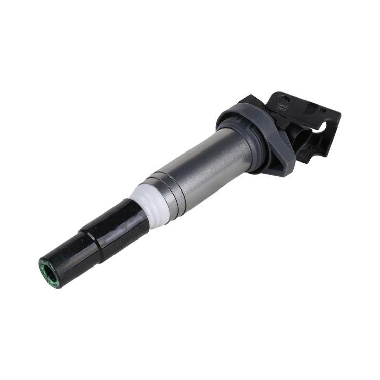 Ignition coil with black connector and dark cap, silver barrel