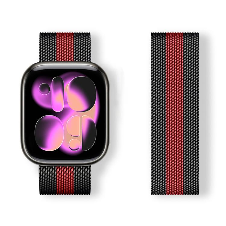 Milanese stainless steel watch band with a black finish and red stripe