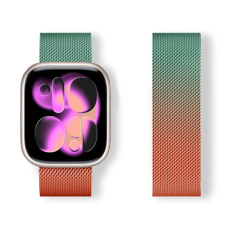 Milanese stainless steel watch band with a teal-to-orange gradient