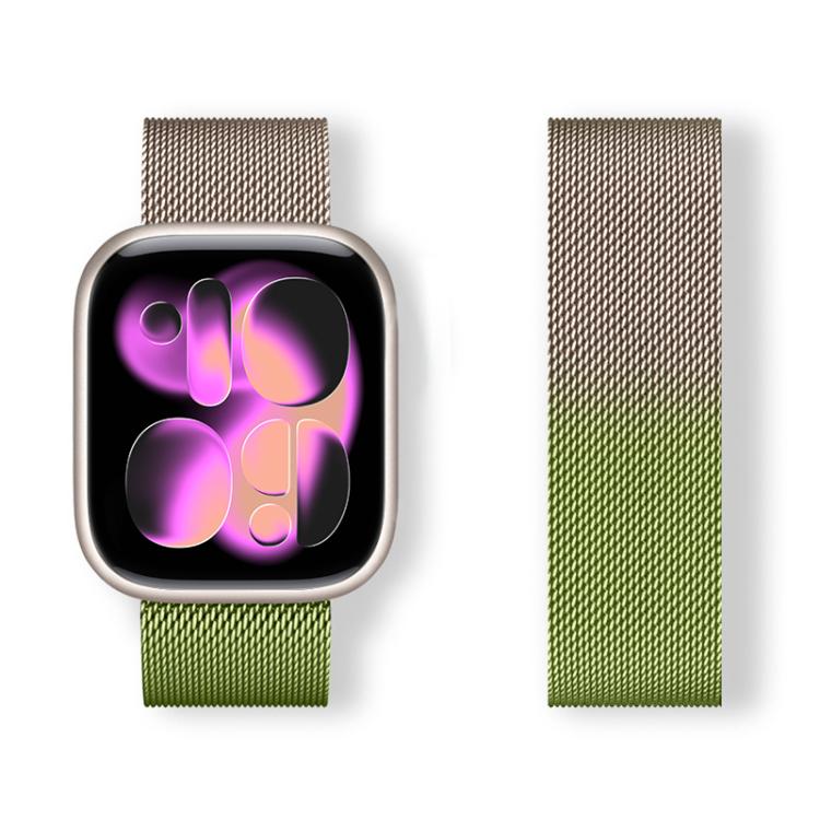 Milanese stainless steel Apple Watch band fading from gold to green