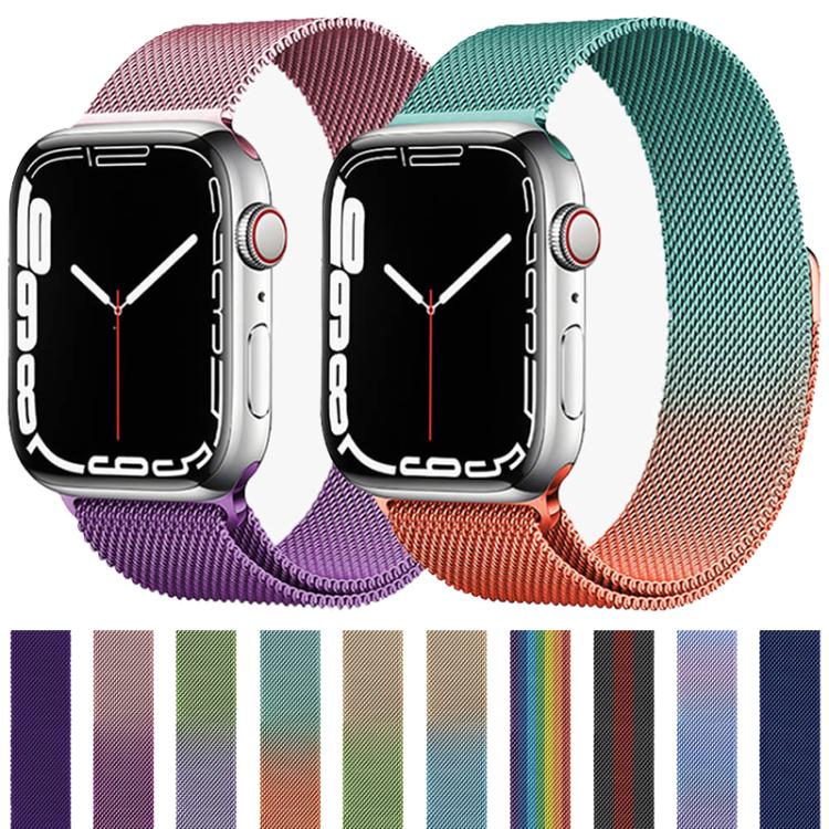 Milanese stainless steel watch bands in purple and teal-to-orange gradients, shown on watches