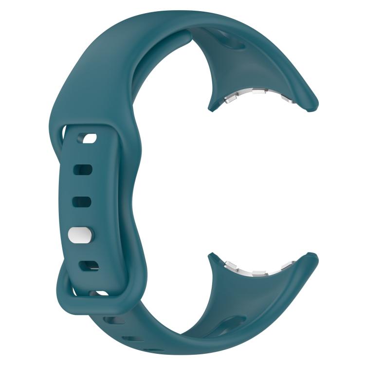 Teal silicone watch band shown alone, with adjustment holes and metal watch connectors.