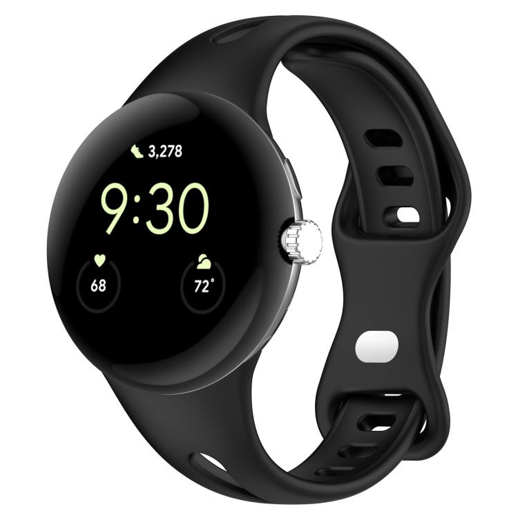 Black silicone watch band on a smartwatch, with adjustment holes and a loop buckle.