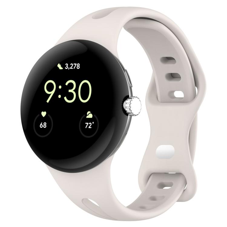 Light-colored silicone watch band with round smartwatch and adjustable buckle