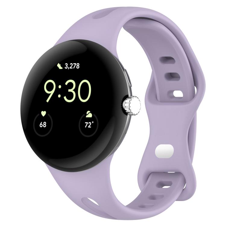 Lavender silicone watch band fitted to a smartwatch, with adjustment holes and a loop buckle.
