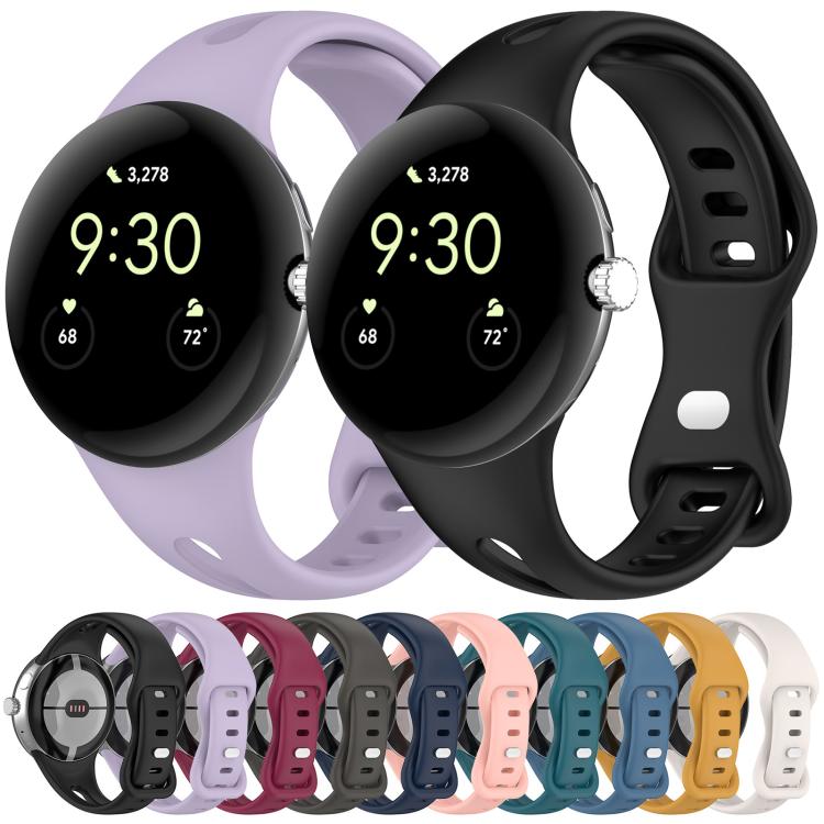 Silicone watch bands in purple and black, shown on watches with color options below