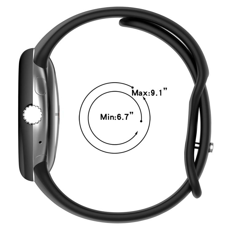 Black silicone watch band shown fitted to a watch, with 6.7 to 9.1 inch sizing