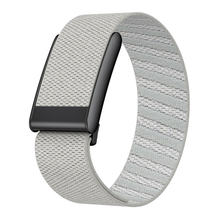 Light gray textured nylon watch band with a dark adjustable buckle.