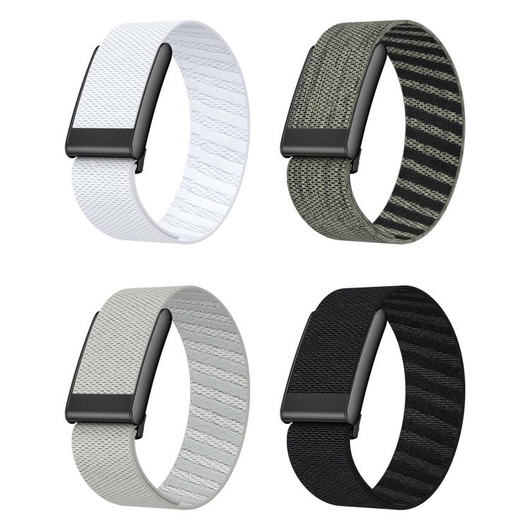 Four textured nylon watch bands in white, gray-green, light gray, and black.