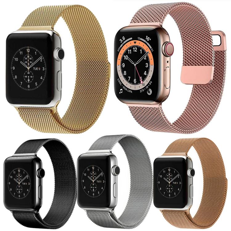 Five Milanese mesh metal watch bands in gold, rose gold, black, silver and bronze, shown on watches