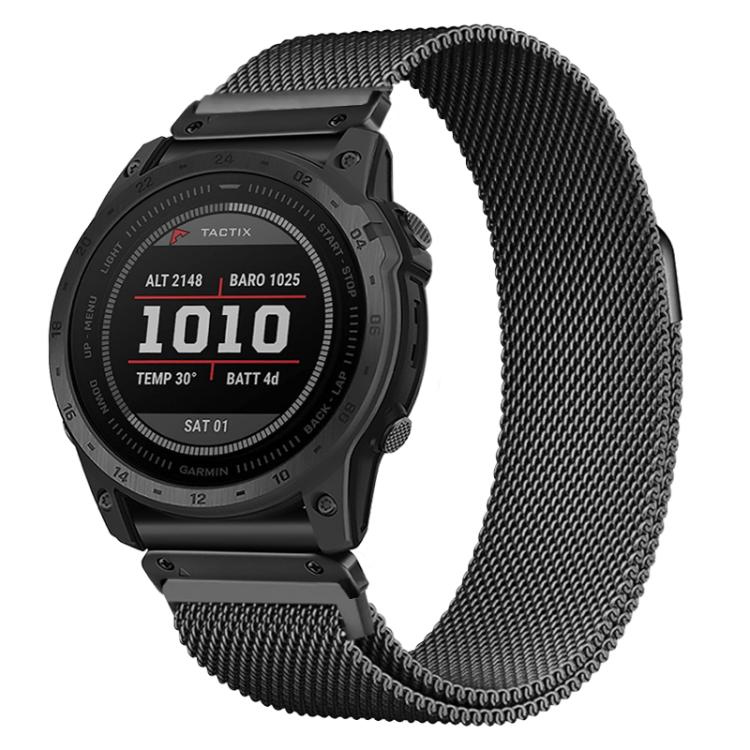 Black stainless steel mesh watch band on a Garmin watch