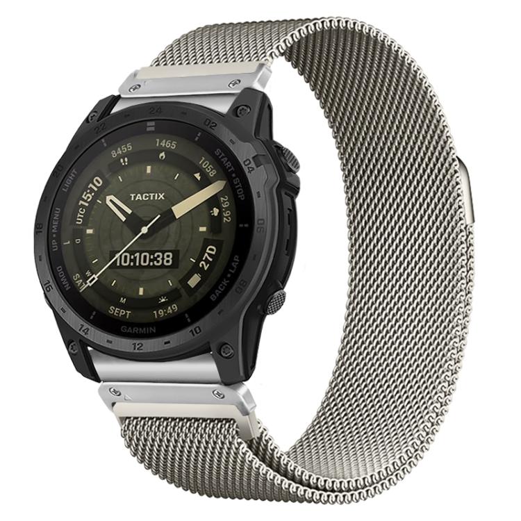 Silver magnetic mesh watch band attached to a Garmin watch