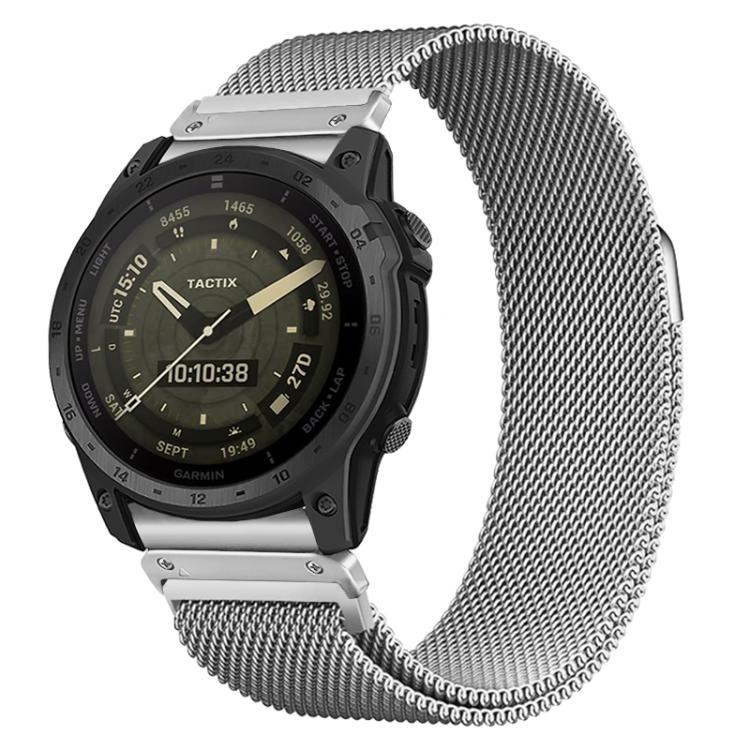 Silver Milanese mesh watch band fitted to a Garmin watch