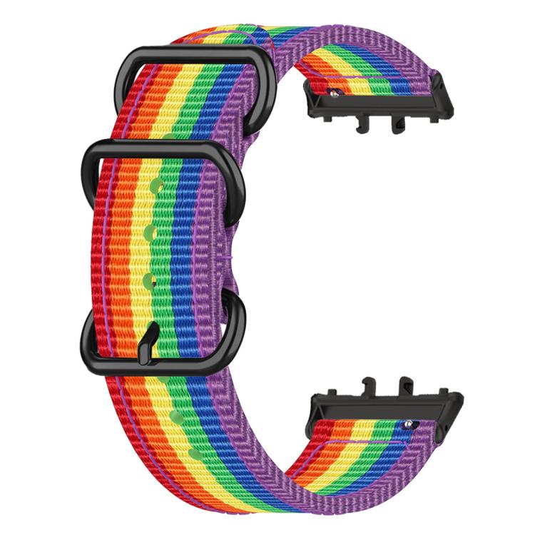 Rainbow woven nylon watch band with three black rings and watch connectors
