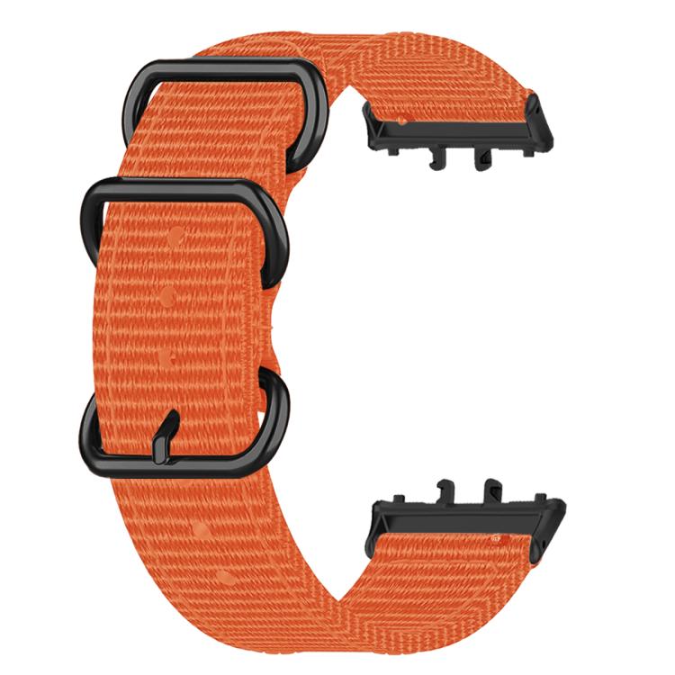 Orange woven nylon watch band with three black rings and watch connectors