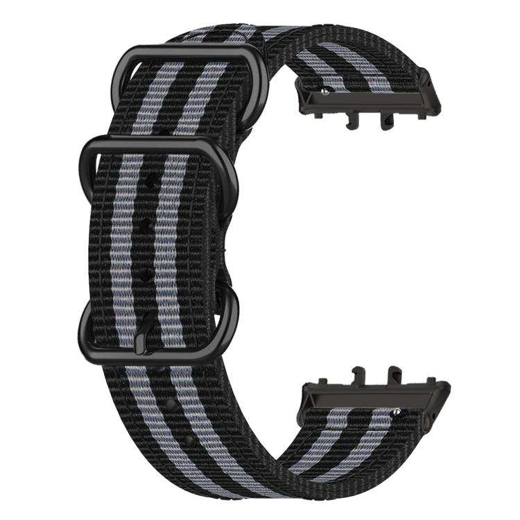 Black and gray striped woven nylon watch band with three black rings
