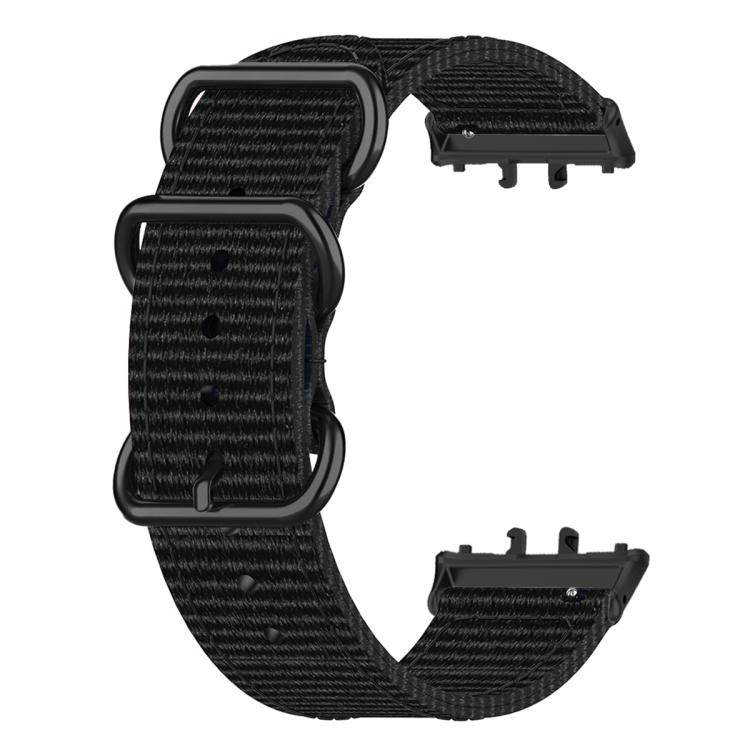 Black woven nylon watch band with three black rings and watch connectors
