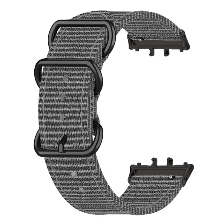 Gray woven nylon watch band with three black rings and watch connectors