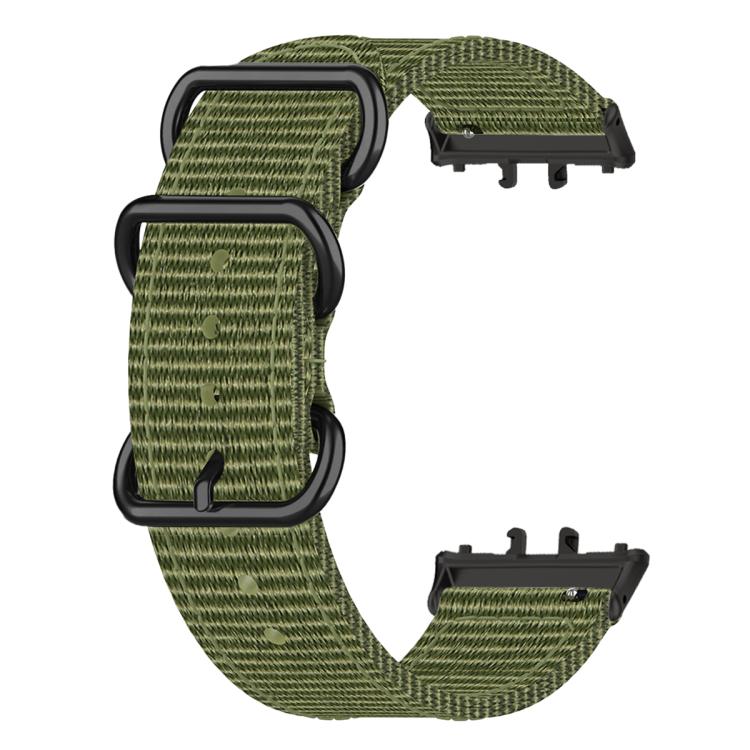 Olive green woven nylon watch band with three black rings