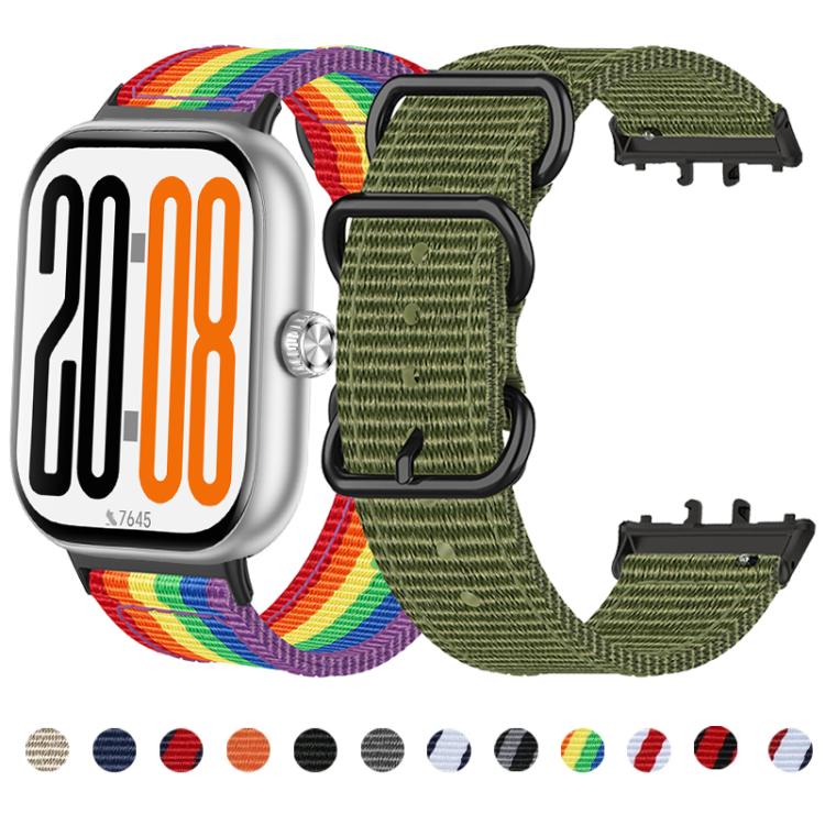 Watch with a rainbow band beside an olive green woven nylon band