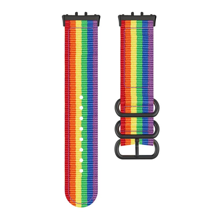 Two-piece rainbow woven nylon watch band with black rings and adjustment holes