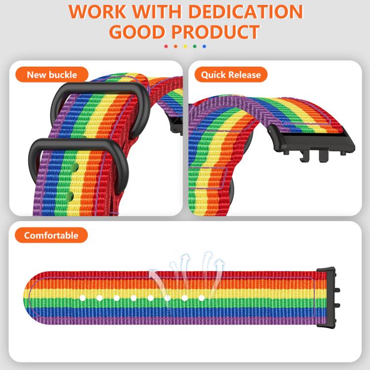 Rainbow woven nylon watch band showing its buckle, quick-release connector and adjustable fit