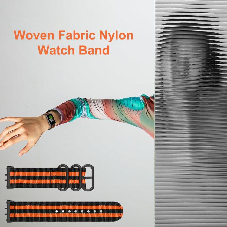 Woven nylon watch band with black and orange stripes, three ring buckle, and adjustable holes