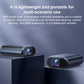 Mini smart WiFi camera on tabletop, angled front view of lens