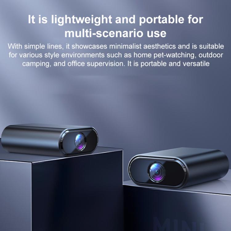 Mini smart WiFi camera on tabletop, angled front view of lens