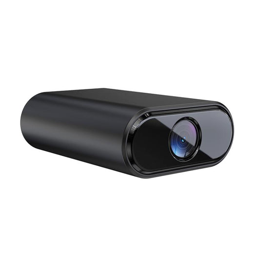 Mini smart WiFi camera with dark cylindrical body and front lens