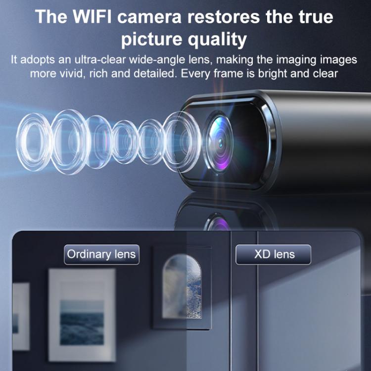 Mini smart WiFi camera close-up of front lens with multi-light reflections