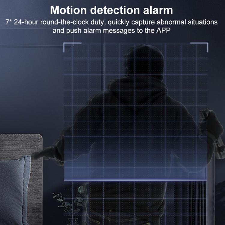 Mini smart WiFi camera motion detection alarm with person silhouette at doorway
