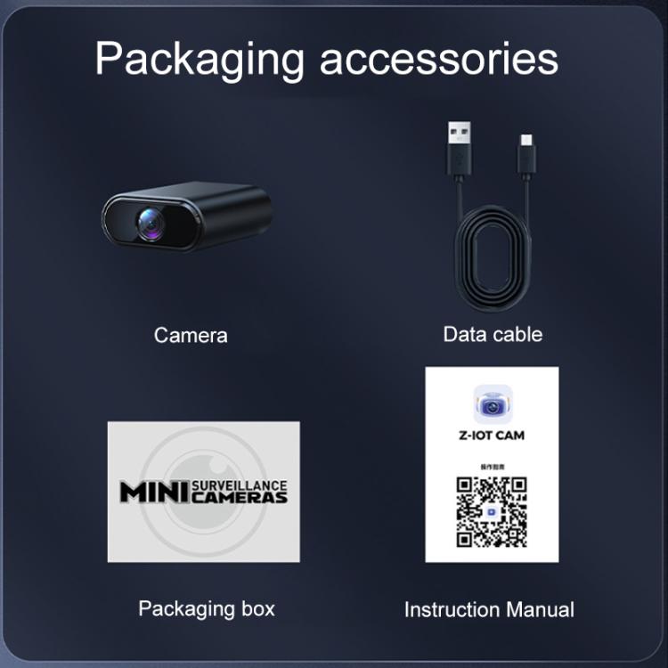 Mini smart WiFi camera kit with data cable, instruction manual, and box