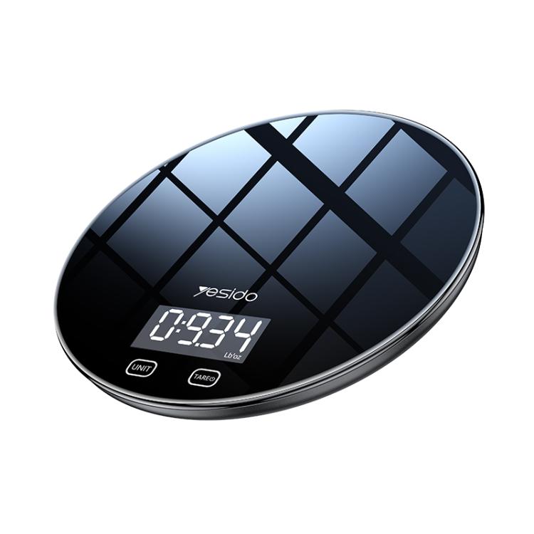 Round black smart kitchen electronic scale with LCD display and touch buttons
