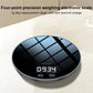 Round black smart kitchen electronic scale with dark grid glass top and LCD readout