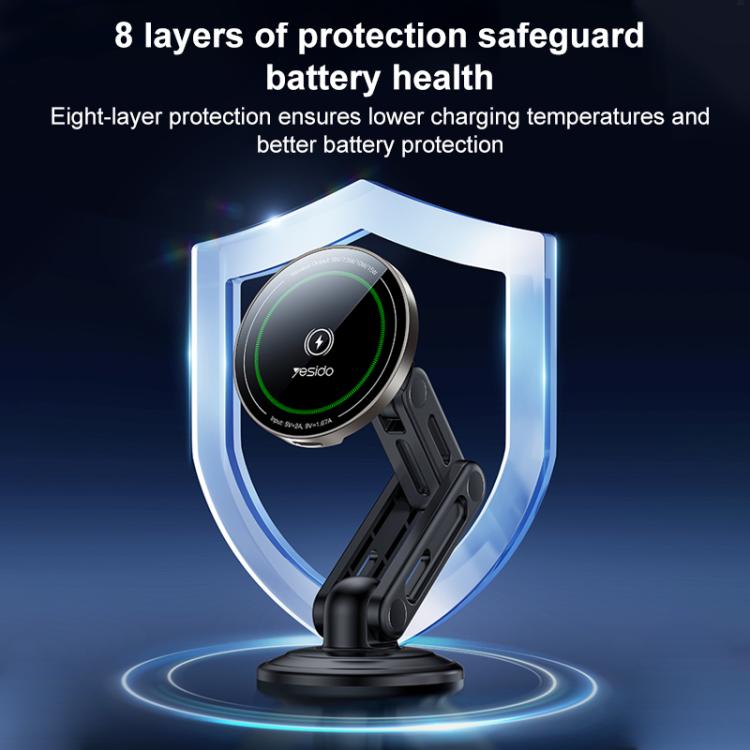 Black magnetic wireless car charger holder with illuminated charging pad and protective shield