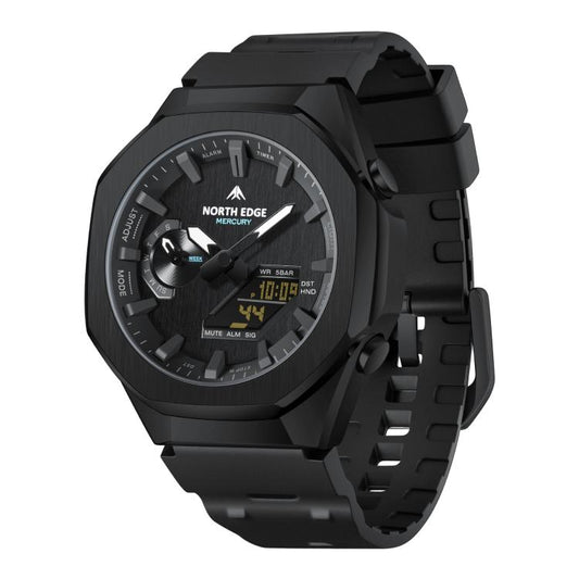 Black outdoor sports digital watch with textured bezel and rubber strap