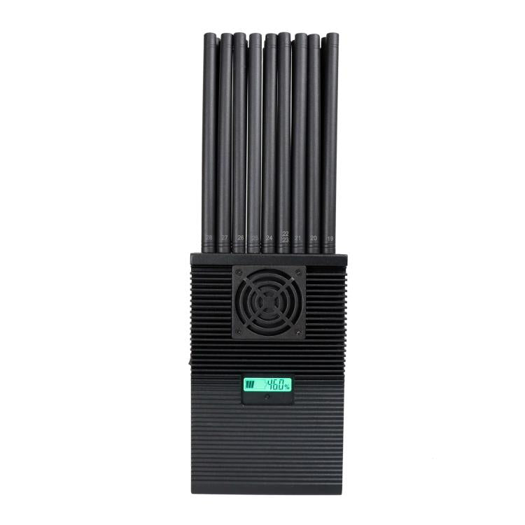 Black signal jammer with multiple antenna tubes, front cooling fan grille, and LCD screen