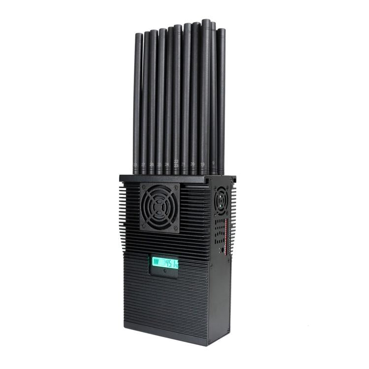 Black jammer unit shown at an angle with antenna tubes, side ports, and cooling vents
