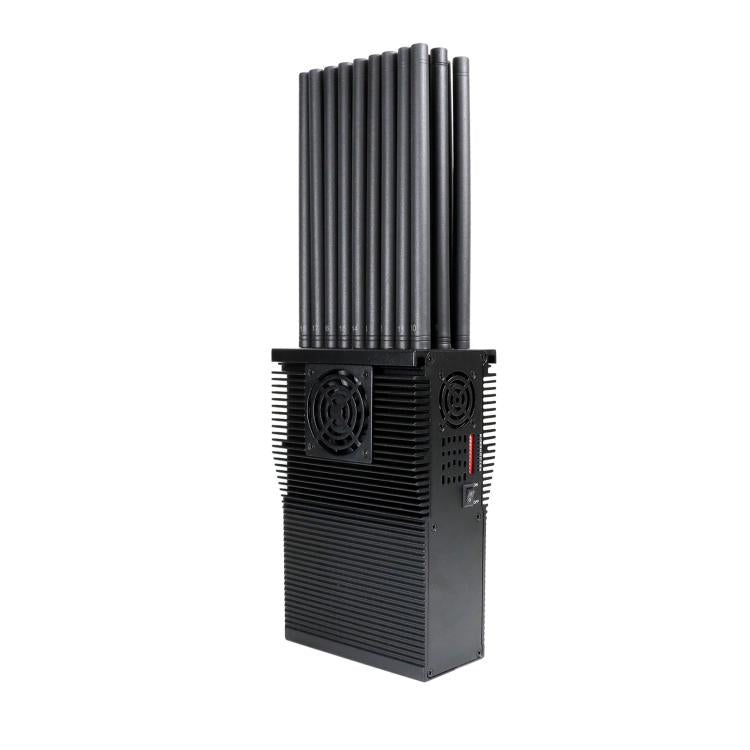 Black jammer device from the side with antenna tubes, vented casing, and fan grille