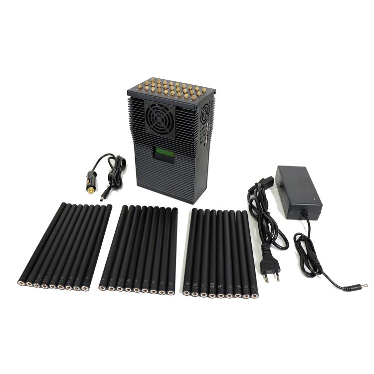 Signal jammer kit with box device, antenna rods, power adapter, and cables