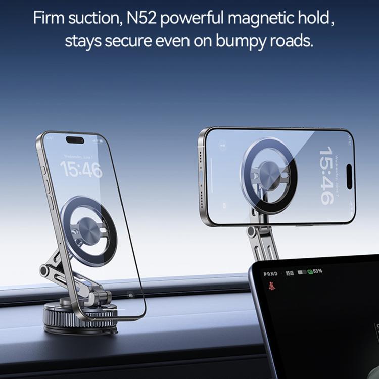 Vacuum suction magnetic phone holder holding a phone on a dashboard mount