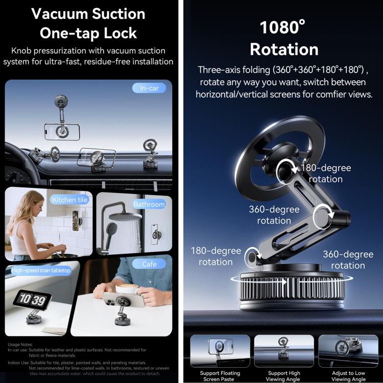Vacuum suction magnetic phone holder showing one-tap suction and rotation joint