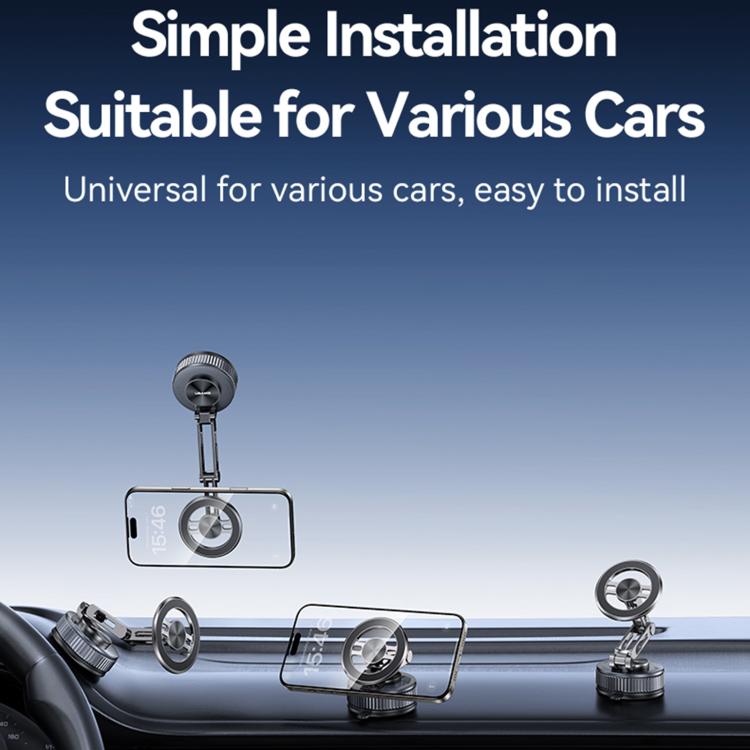 Vacuum suction magnetic phone holder mounted on car dashboard with telescopic stem