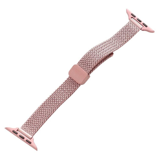 Pink stainless steel mesh watch band with magnetic clasp, shown without a watch