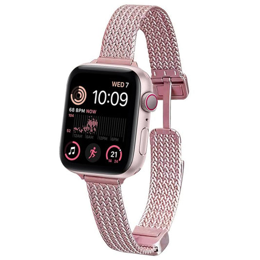 Pink stainless steel mesh watch band with magnetic clasp on a smartwatch