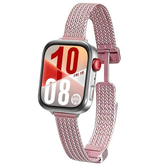 Pink stainless steel magnetic watch band fitted to a square smartwatch