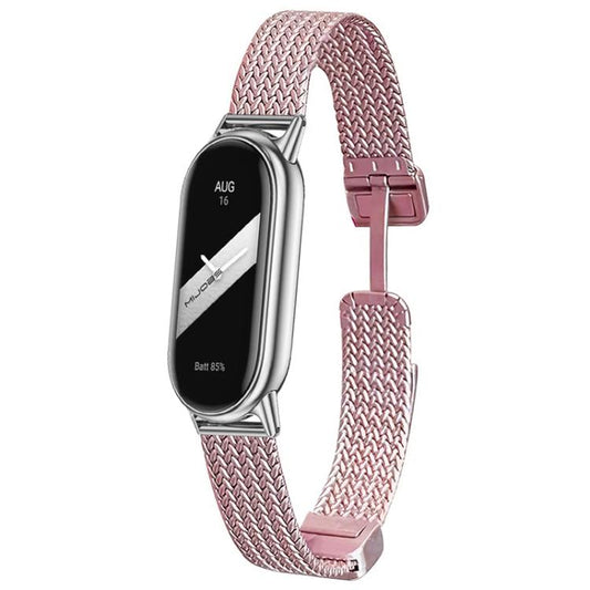 Pink mesh watch band fitted to a fitness tracker