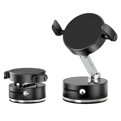 Black foldable magnetic car phone holder with circular head and dual clamp arms