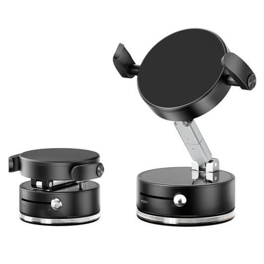 Black foldable magnetic car phone holder with circular head and dual clamp arms